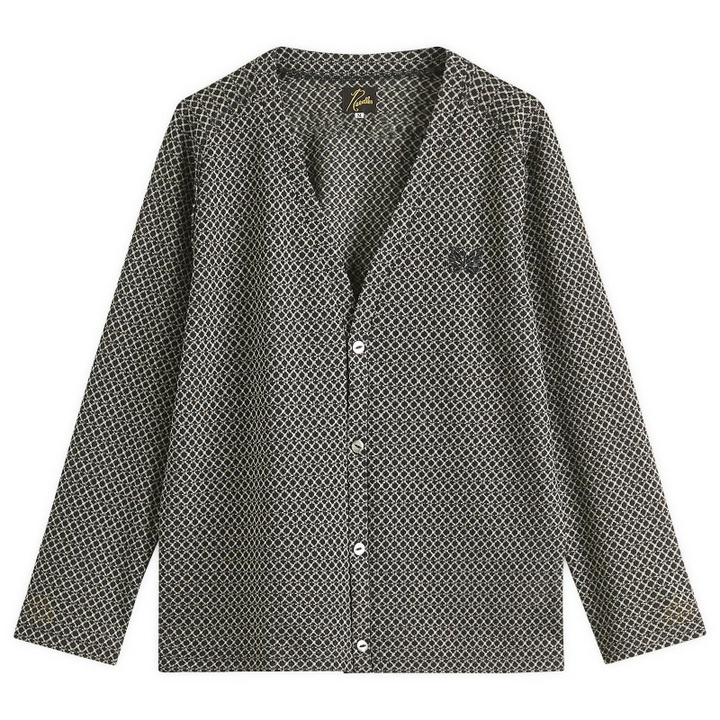 Photo: Needles Men's Woven V-Neck Cardigan in Black/Natural Grid