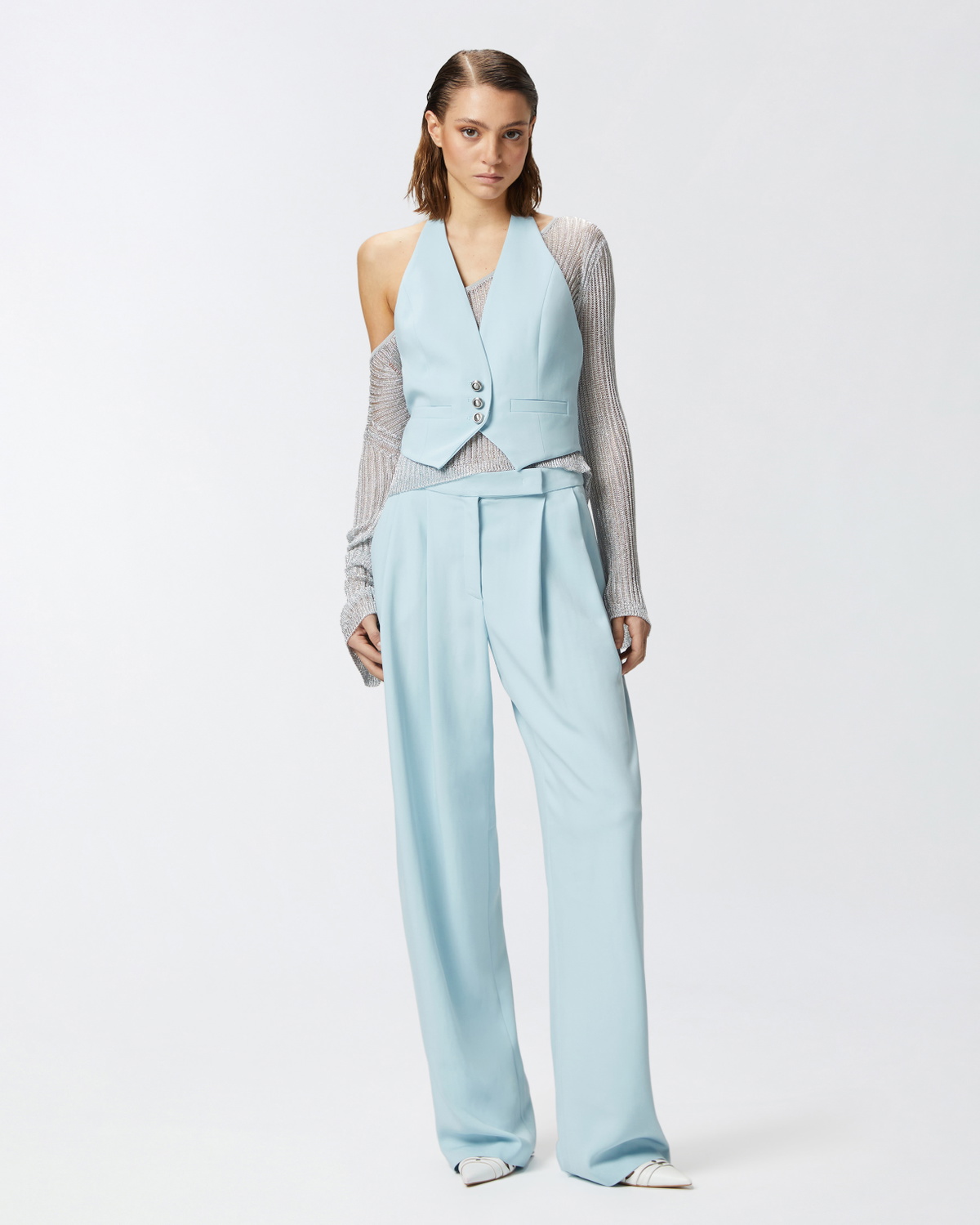 Pinko Short Vest In Technical Fabric With Open Back Crystal Blue