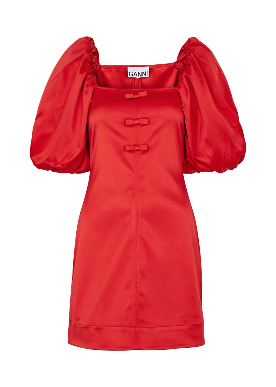 Ganni Bow-embellished Satin Mini Dress Red GANNI