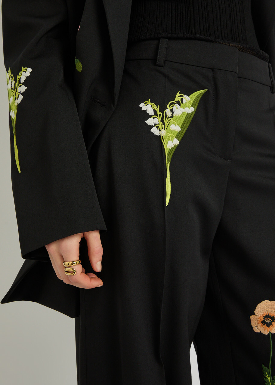 Stella Mccartney Floral-embroidered Straight-leg Trousers Black
