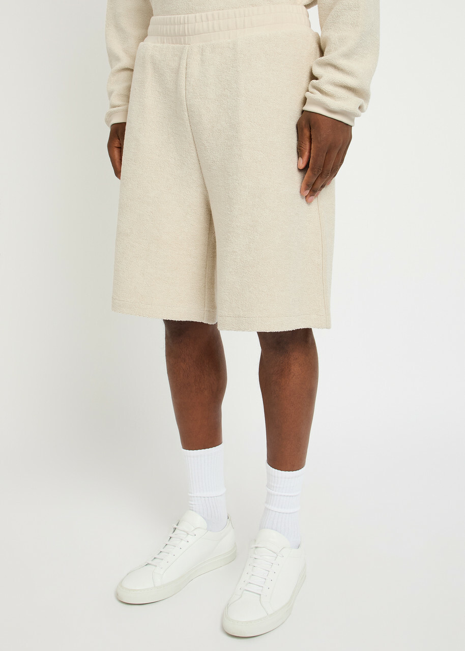 Ami Paris Logo-embroidered Towelling Cotton-blend Shorts Ivory