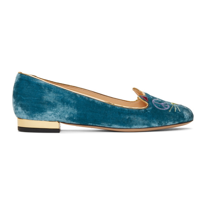 Photo: Charlotte Olympia Blue Velvet Peaceful Kitty Loafers