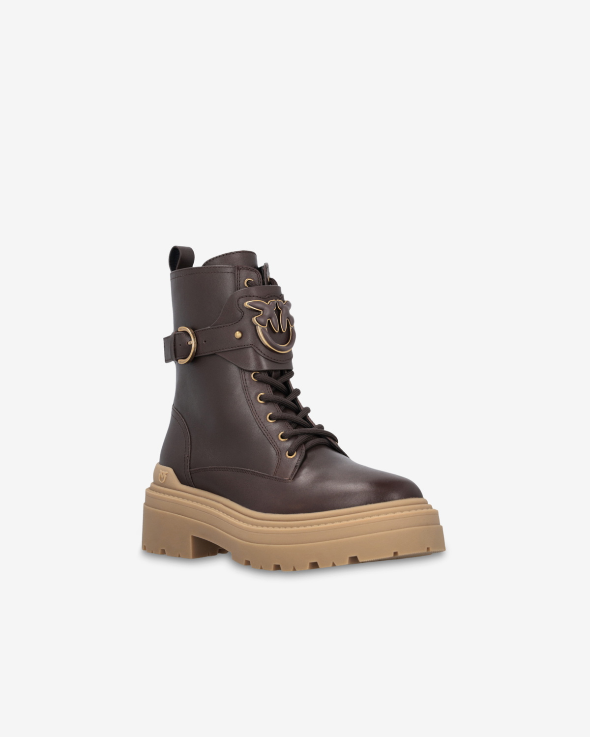 Pinko Leather Combat Boots With Branded Front Strap Peppercorn