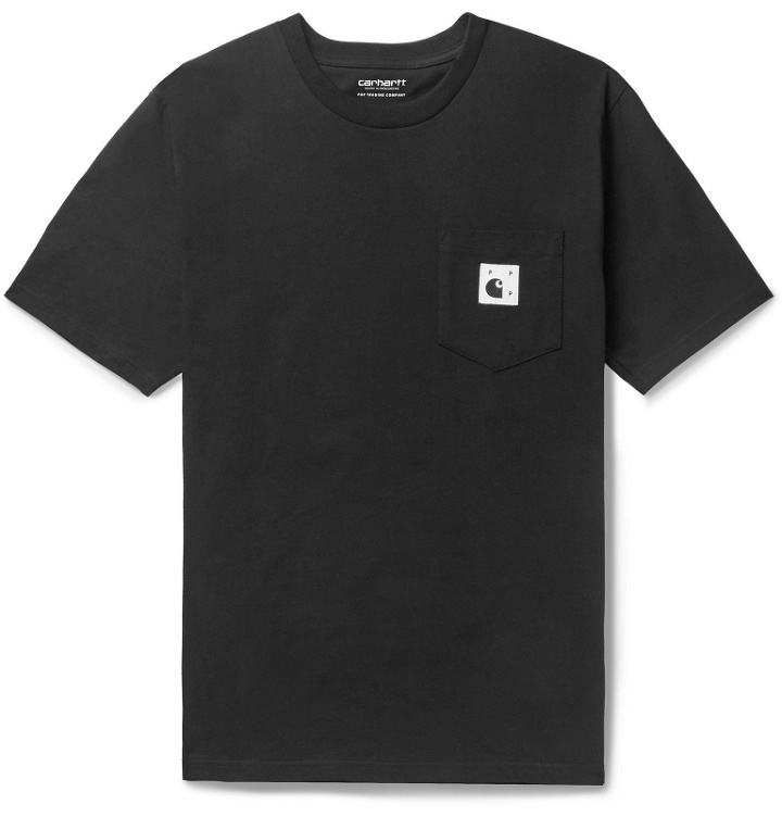 Photo: Pop Trading Company - Carhartt WIP Logo-Print Cotton-Jersey T-Shirt - Black