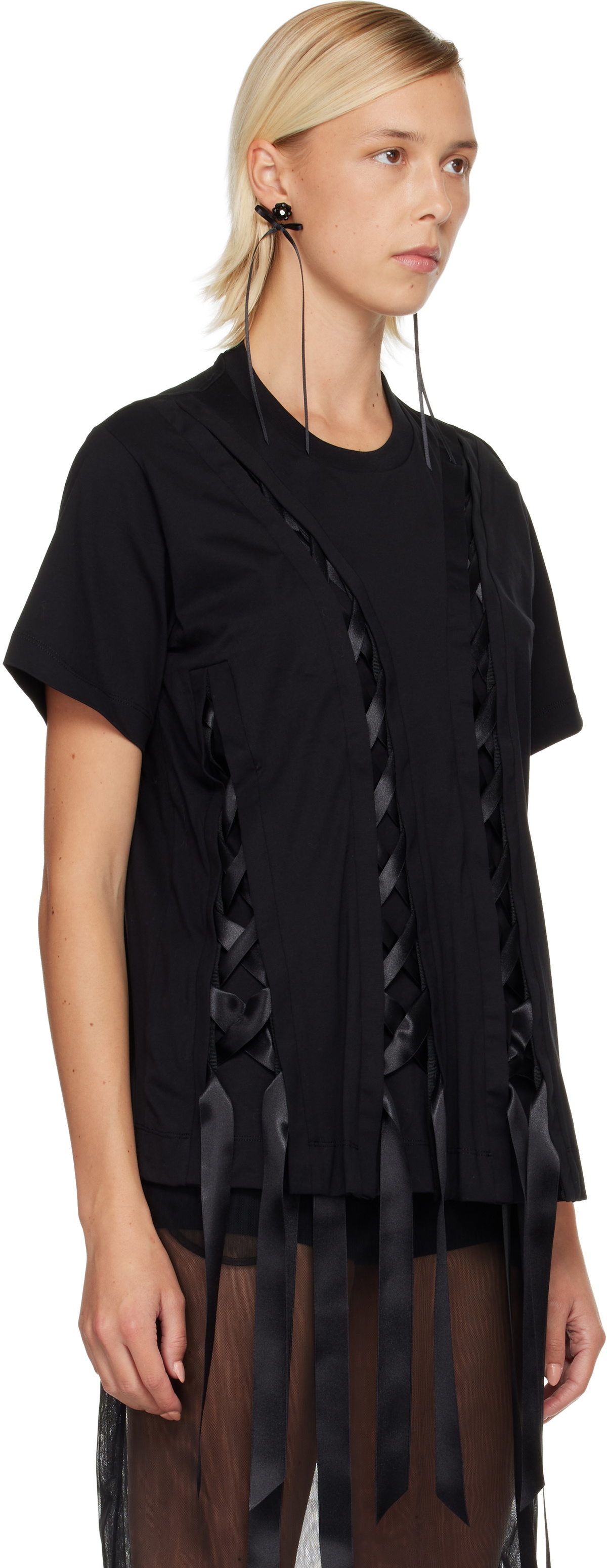 Simone Rocha Black Unraveling Ribbon T-shirt Simone Rocha