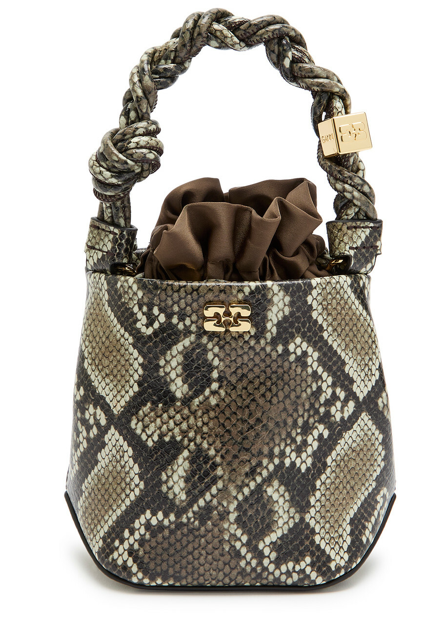 Ganni Bou Mini Python-effect Grained Leather Bucket bag - Black Grey - One Size