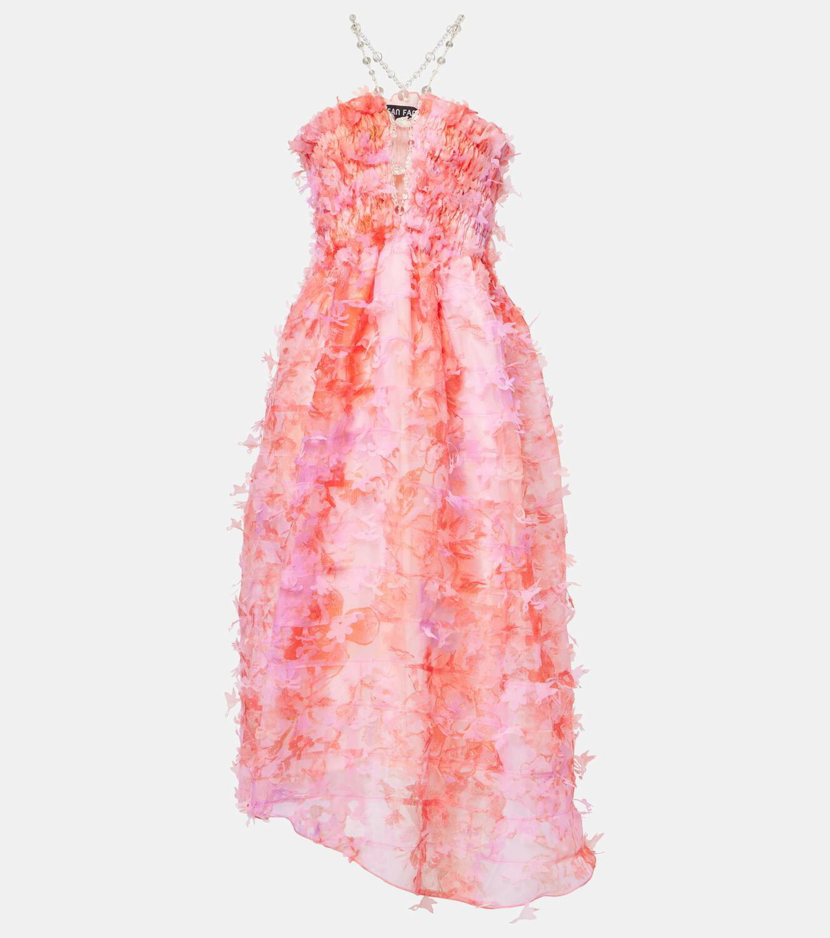 Susan Fang Floral-appliqué smocked tulle midi dress