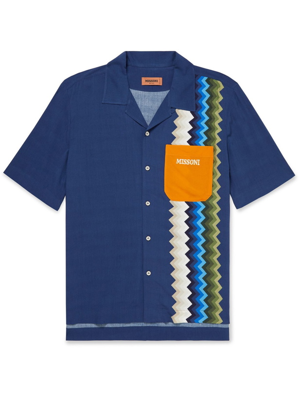 Photo: Missoni - Camp-Collar Logo-Embroidered Printed Woven Shirt - Blue