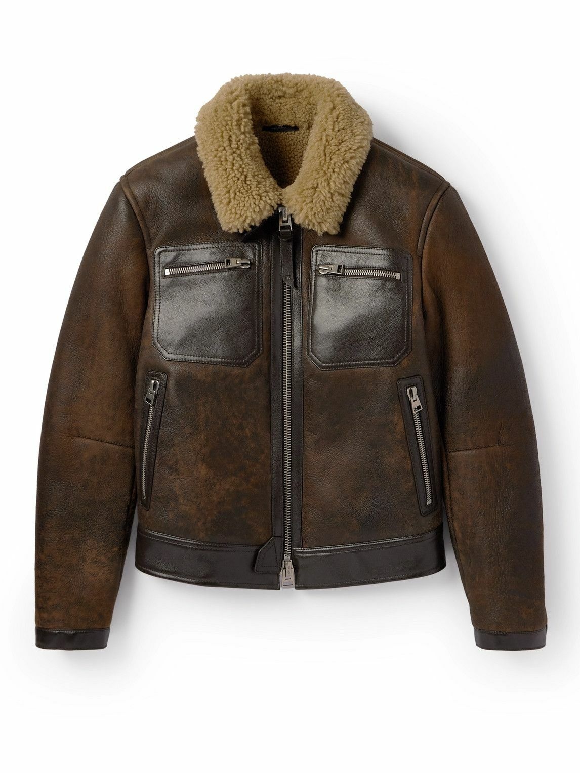 Photo: TOM FORD - Shearling-Trimmed Leather Jacket - Brown