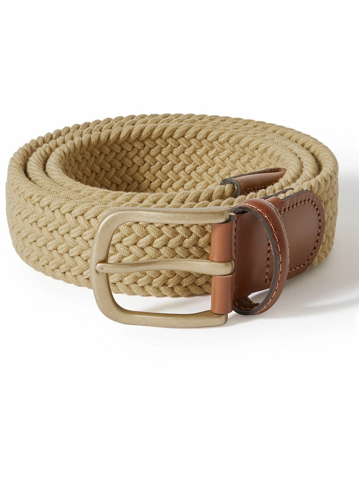 Photo: Anderson & Sheppard - 3.5cm Leather-Trimmed Woven Stretch-Cotton Belt - Brown