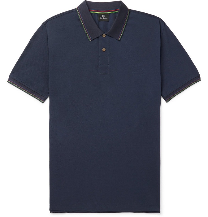 Photo: PS Paul Smith - Contrast-Tipped Cotton-Piqué Polo Shirt - Blue