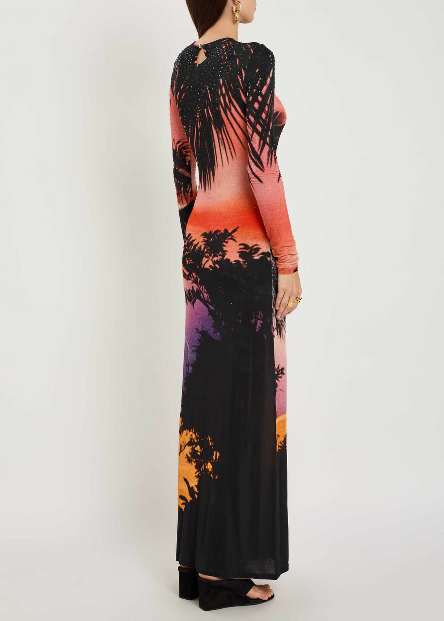 Rabanne Printed Embellished Stretch-jersey Maxi Dress Orange