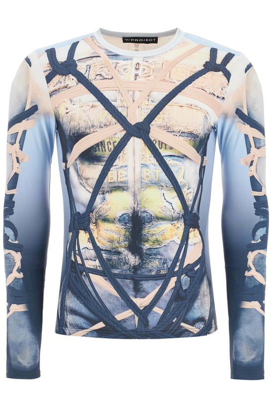 Photo: Y PROJECT bondage print t-shirt Blue