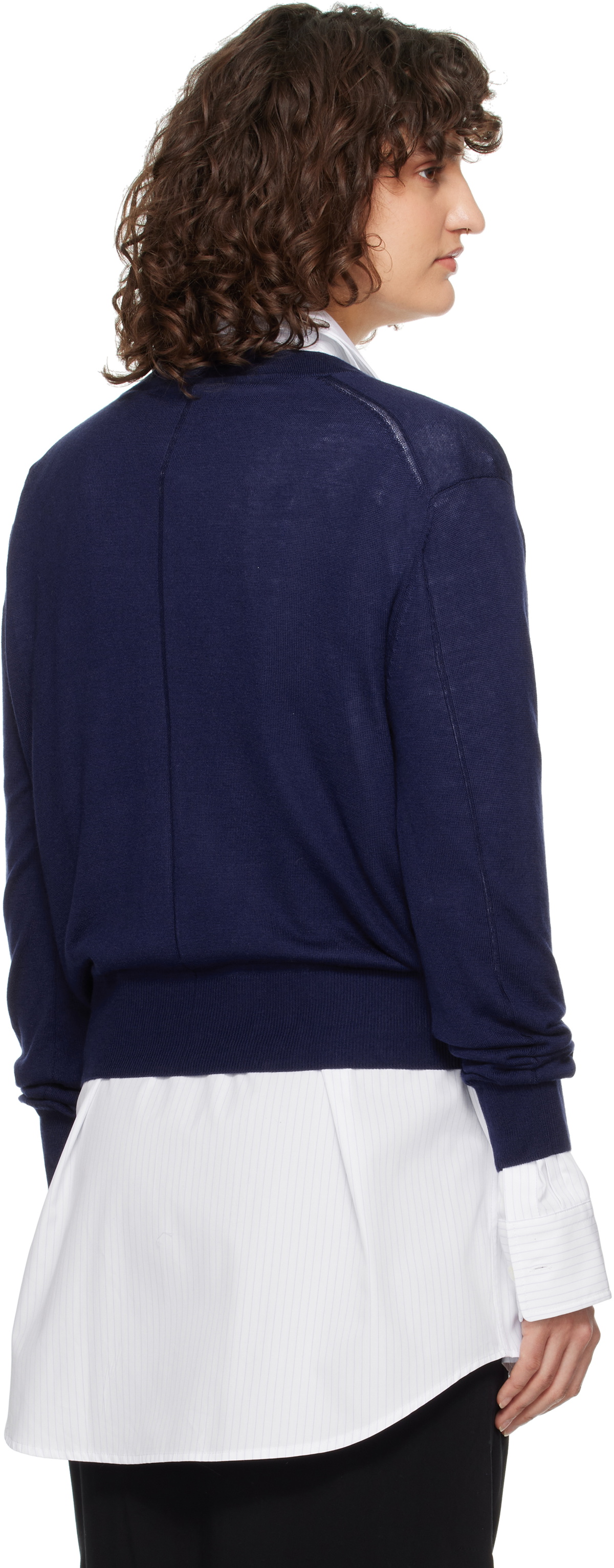 RECTO Blue Deep Henley Neck Sheer Knit Sweater