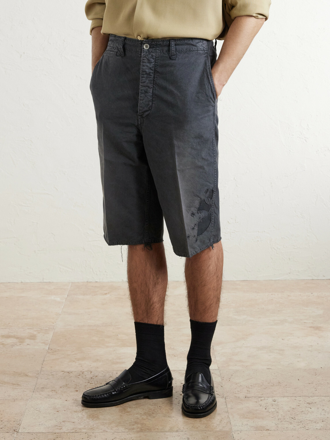 Visvim - Straight-Leg Frayed Cotton-Twill Shorts - Black