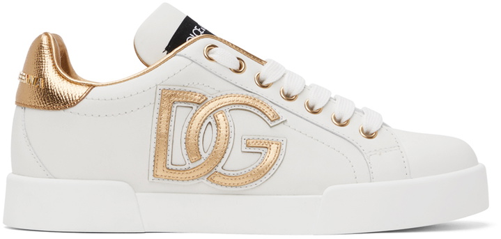 Photo: Dolce & Gabbana White & Gold Portofino Low Sneakers
