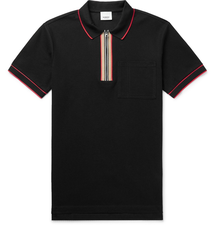 Photo: BURBERRY - Contrast-Tipped Cotton-Piqué Half-Zip Polo Shirt - Black