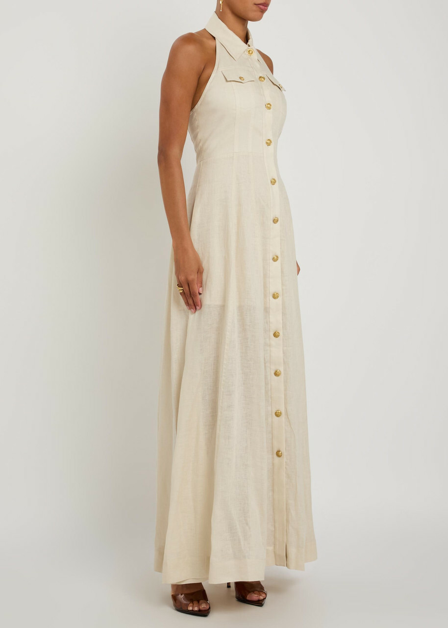 Alice + Olivia Kendall Halterneck Linen Maxi Dress Beige