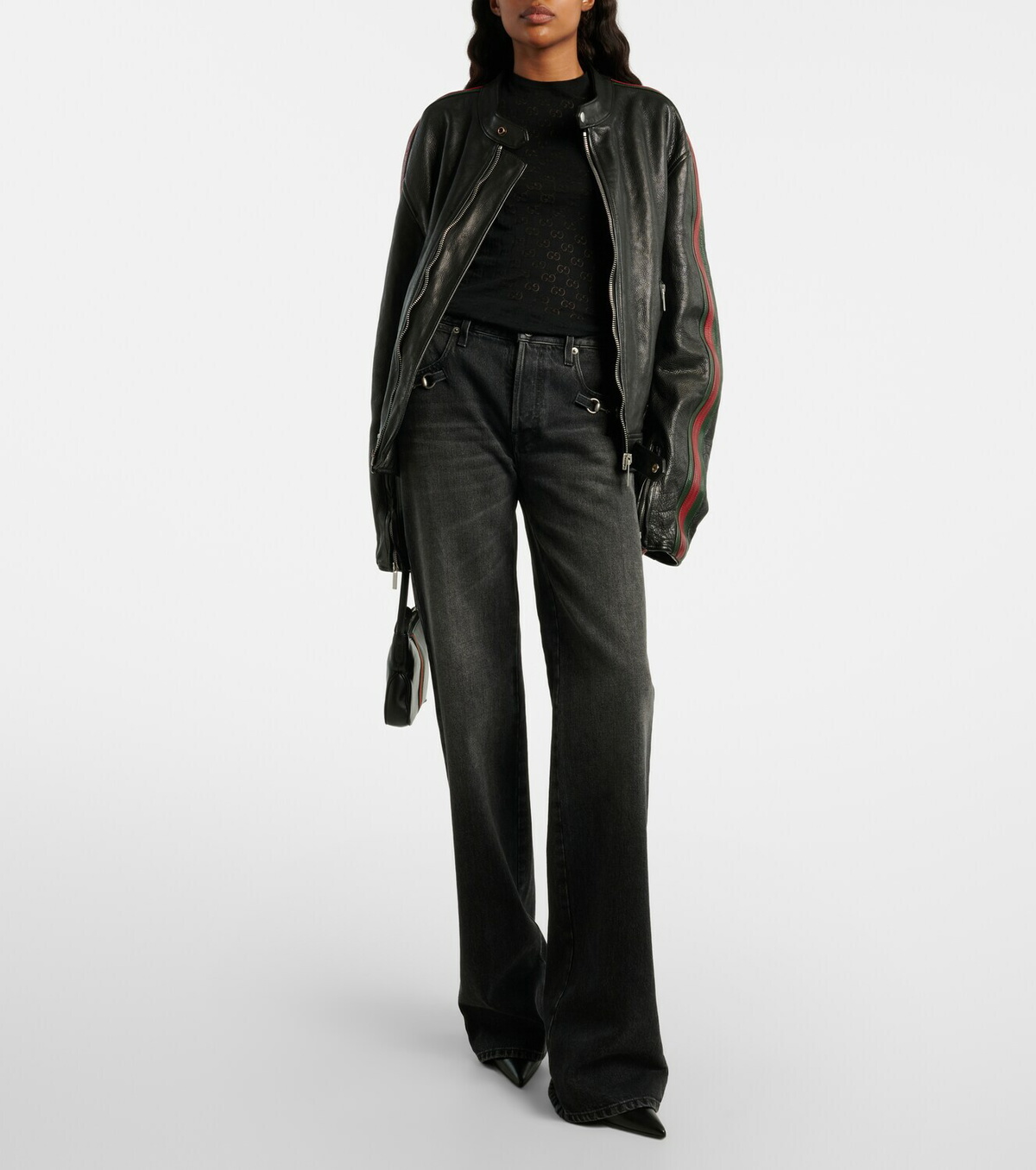 Gucci Web Stripe leather biker jacket