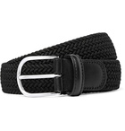 Anderson's - 3.5cm Black Leather-Trimmed Woven Elastic Belt - Men - Black