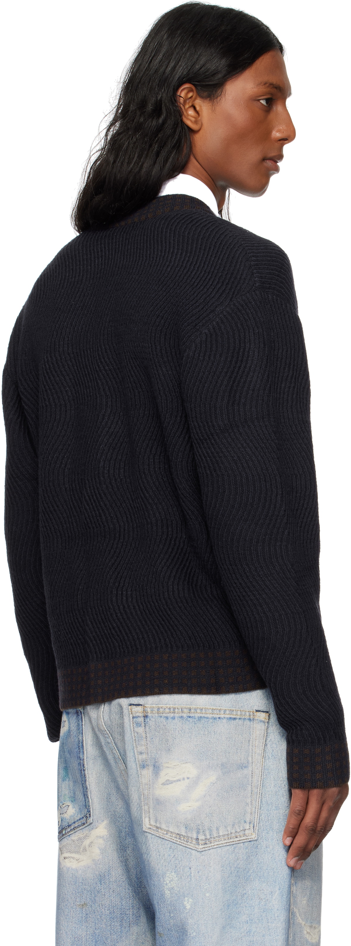 カーディガン Dime Dime Wave Knit Cardigan / Navy/Brown (ダイム セーター/ニット