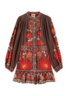 Farm Rio Gigi Floral-print Cotton-blend Mini Dress Brown