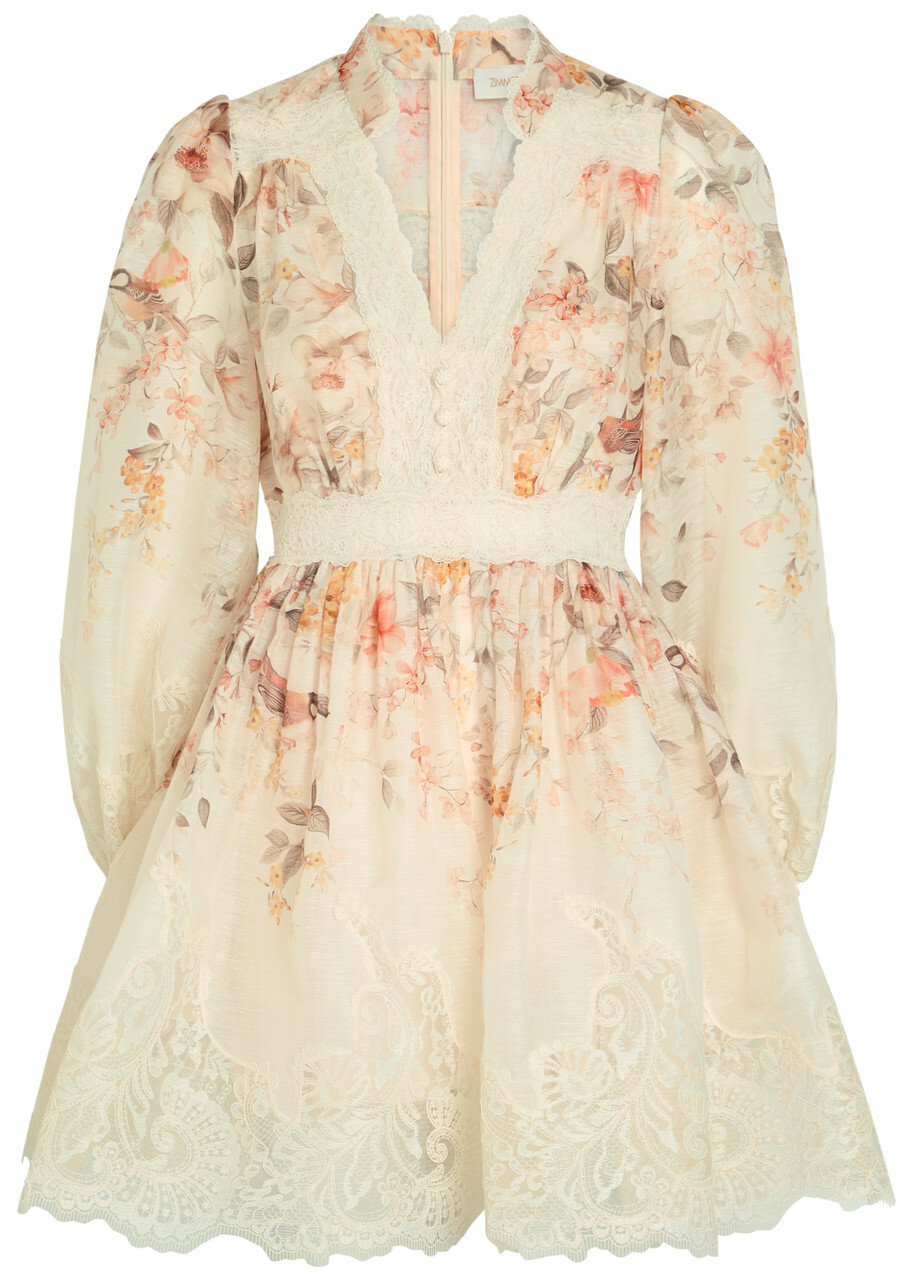 Zimmermann Luna Lace-trimmed Linen-blend Mini Dress Cream