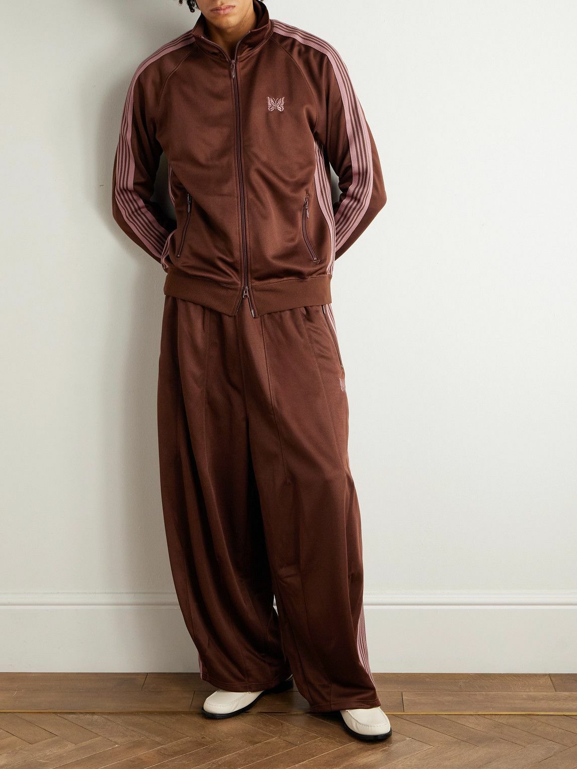 Needles - Wide-Leg Webbing-Trimmed Logo-Embroidered Jersey Track Pants - Brown