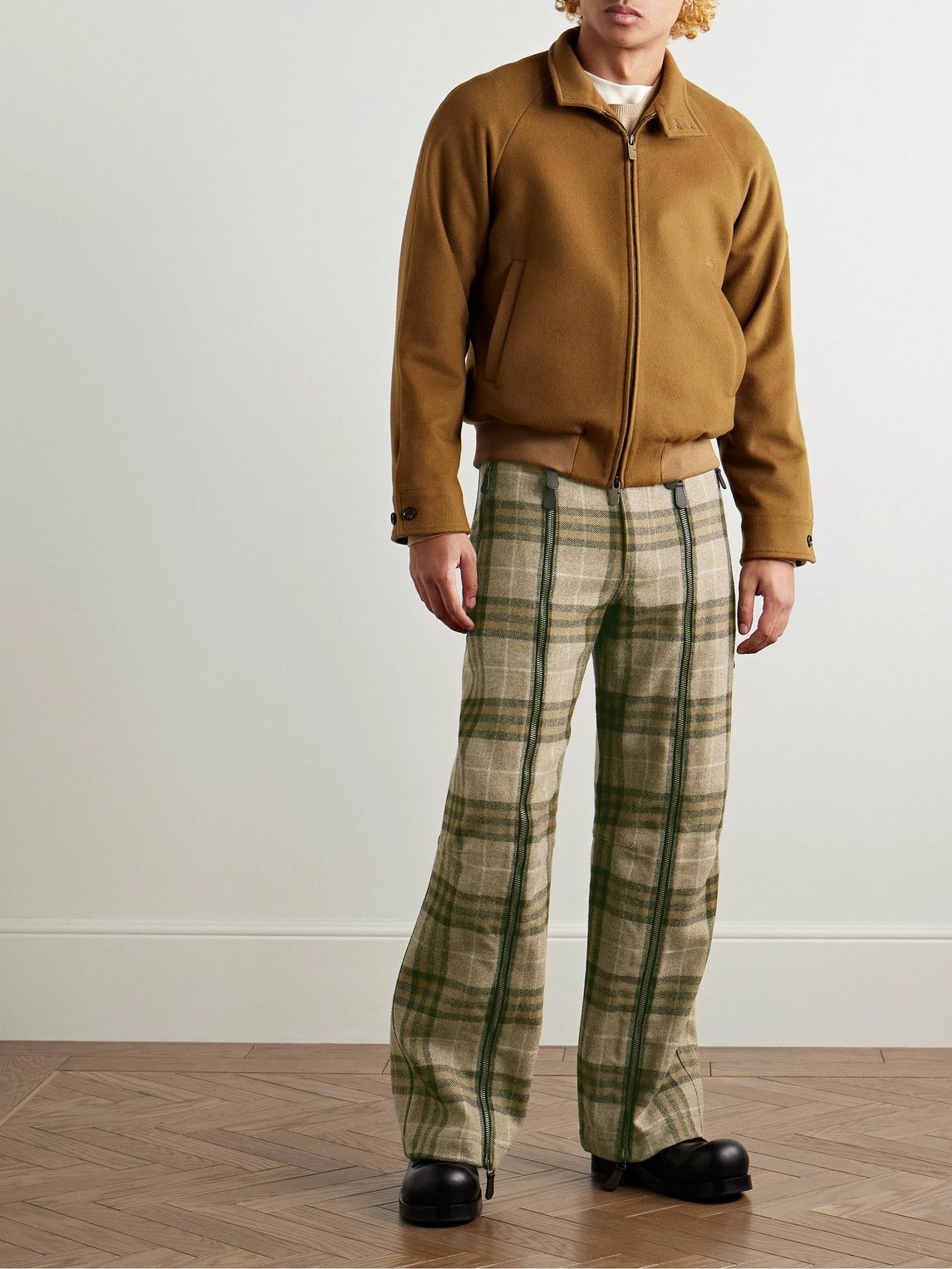 Burberry - Straight-Leg Zip-Detailed Checked Wool Trousers - Green
