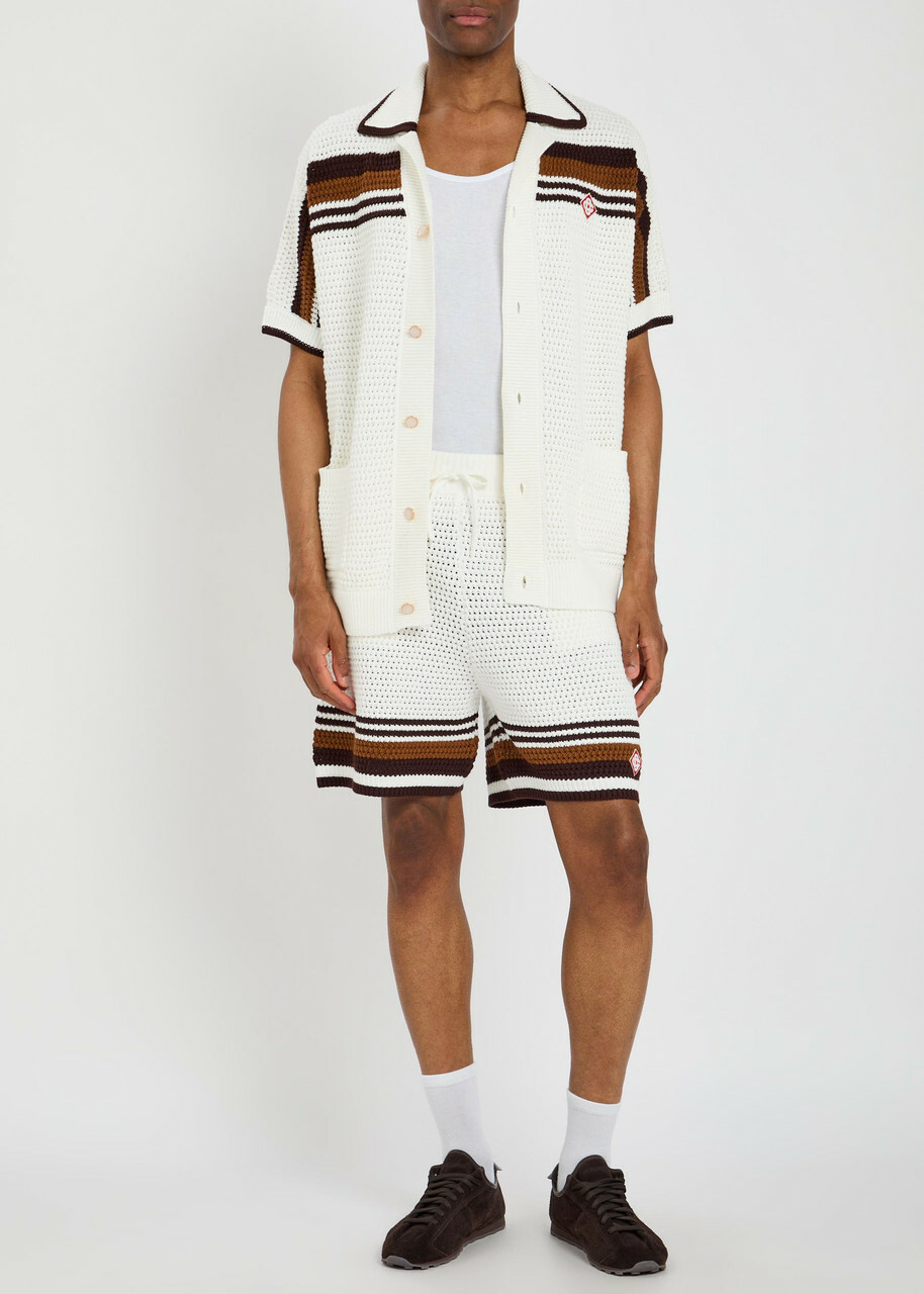 Casablanca Logo-appliquéd Striped Crochet Cotton-knit Shirt White