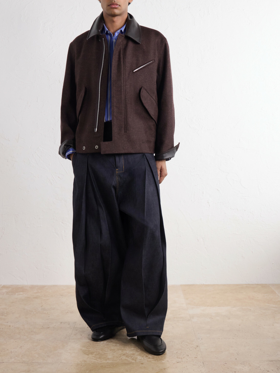 SAGE NATION - Painter Leather-Trimmed Wool-Twill Blouson Jacket - Brown