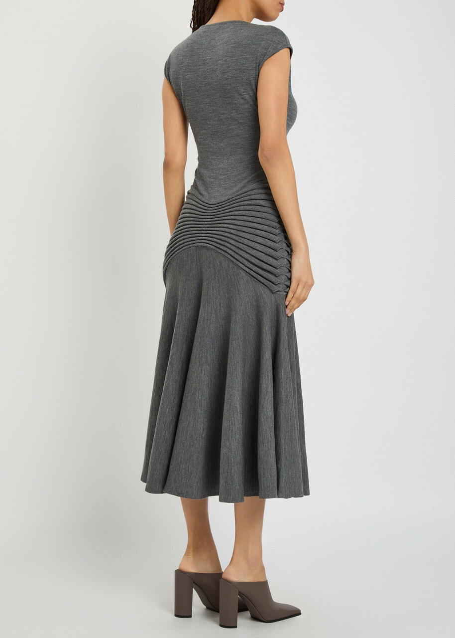 Alaïa Sculpting Ruched Wool Midi Dress Dark Grey
