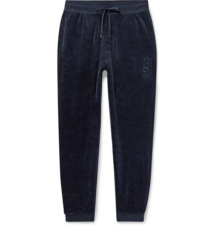 Photo: Hugo Boss - Slim-Fit Tapered Logo-Embroidered Cotton-Blend Velour Sweatpants - Blue