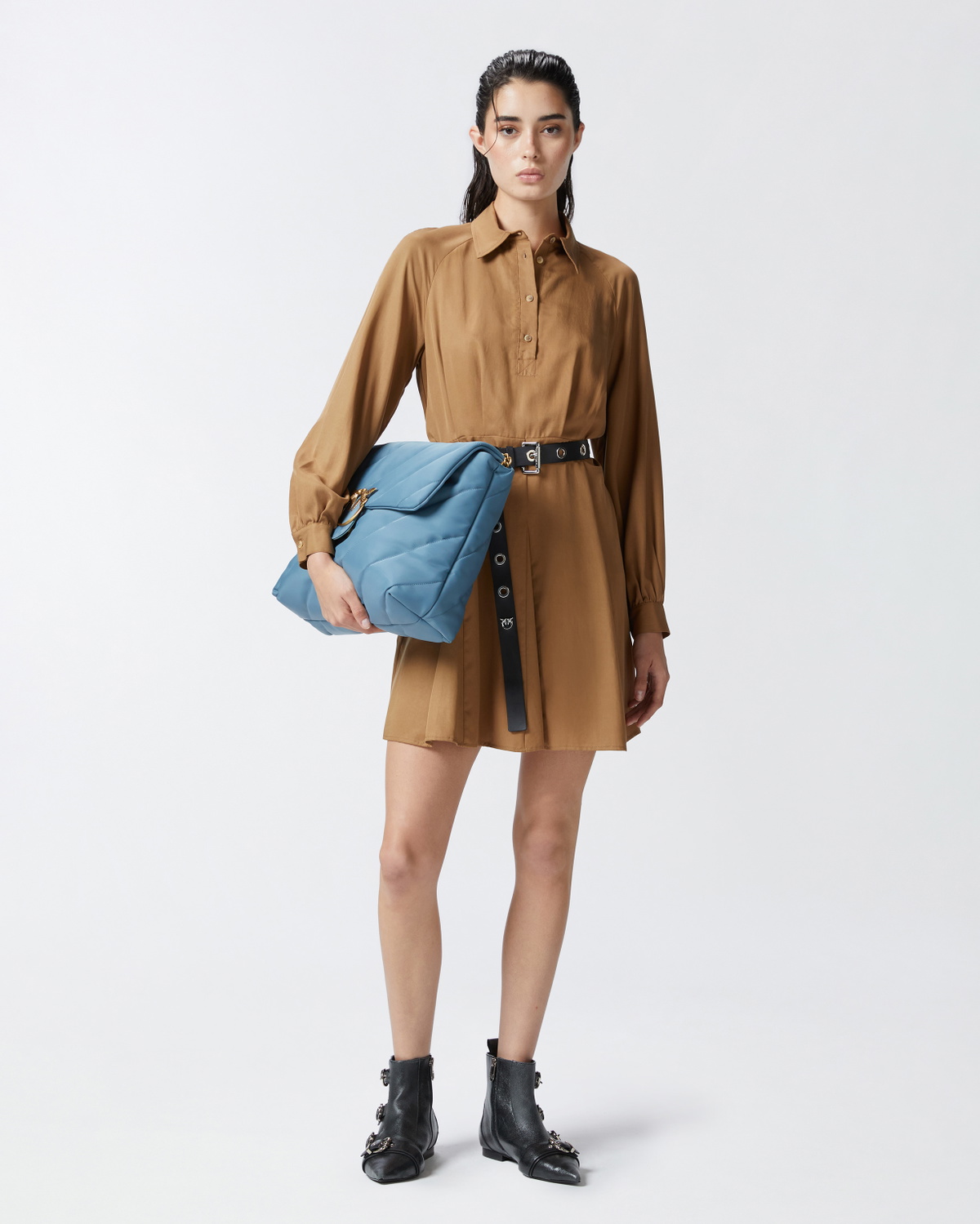 Pinko Soft Textured Shirt Dress Brown   Wood Thrush