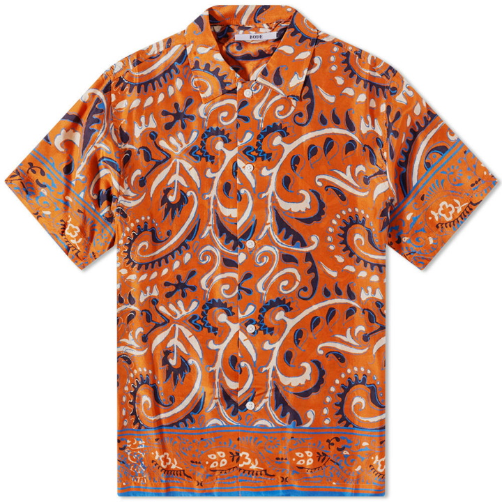 Photo: Bode Men's Exaggerated Filigree Short Sleeve Shirt in Orange Multi