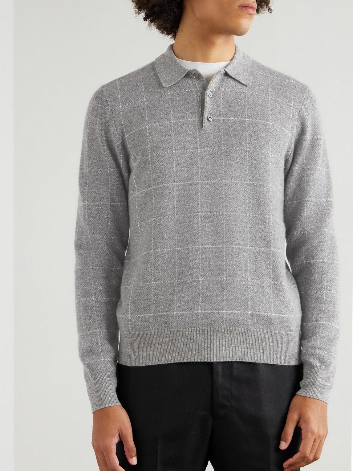 Ralph Lauren Purple label - Checked Cashmere Polo Shirt - Gray