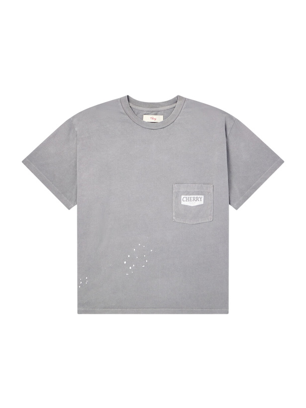 Photo: Cherry Los Angeles - Logo-Print Paint-Splattered Cotton-Jersey T-Shirt - Gray