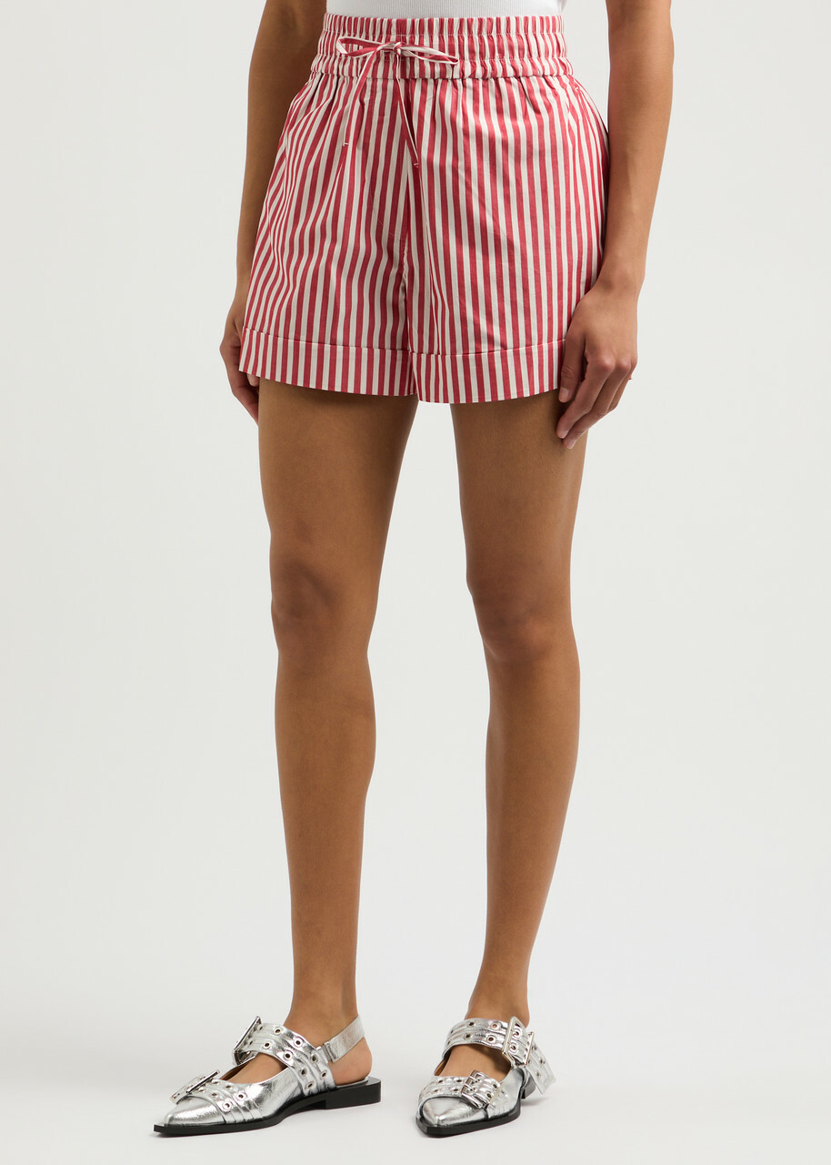Ganni Striped Cotton-poplin Shorts Red And White GANNI