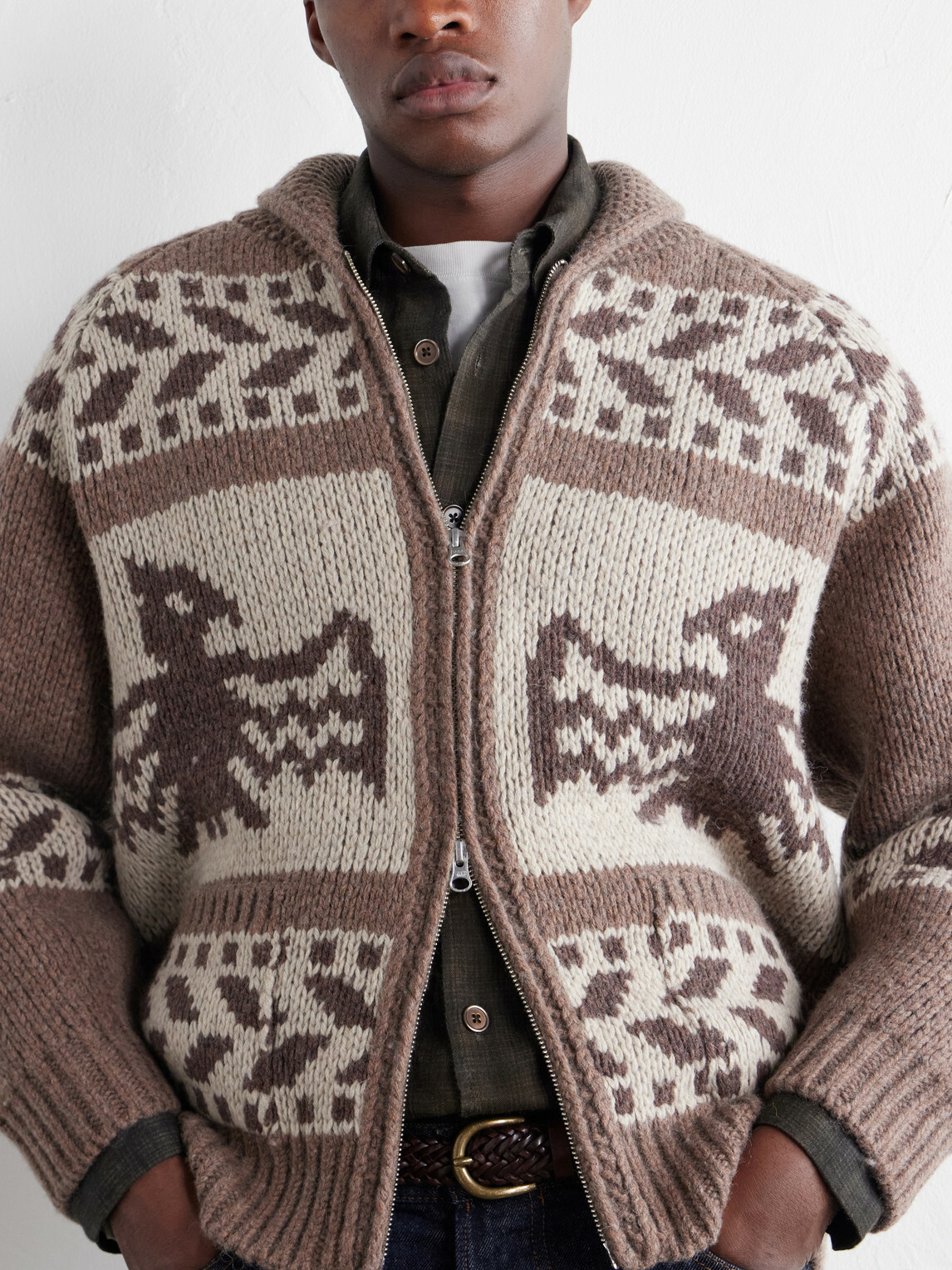 FrizmWORKS - Thunderbird Wool-Blend Jacquard Zip-Up Sweater - Brown