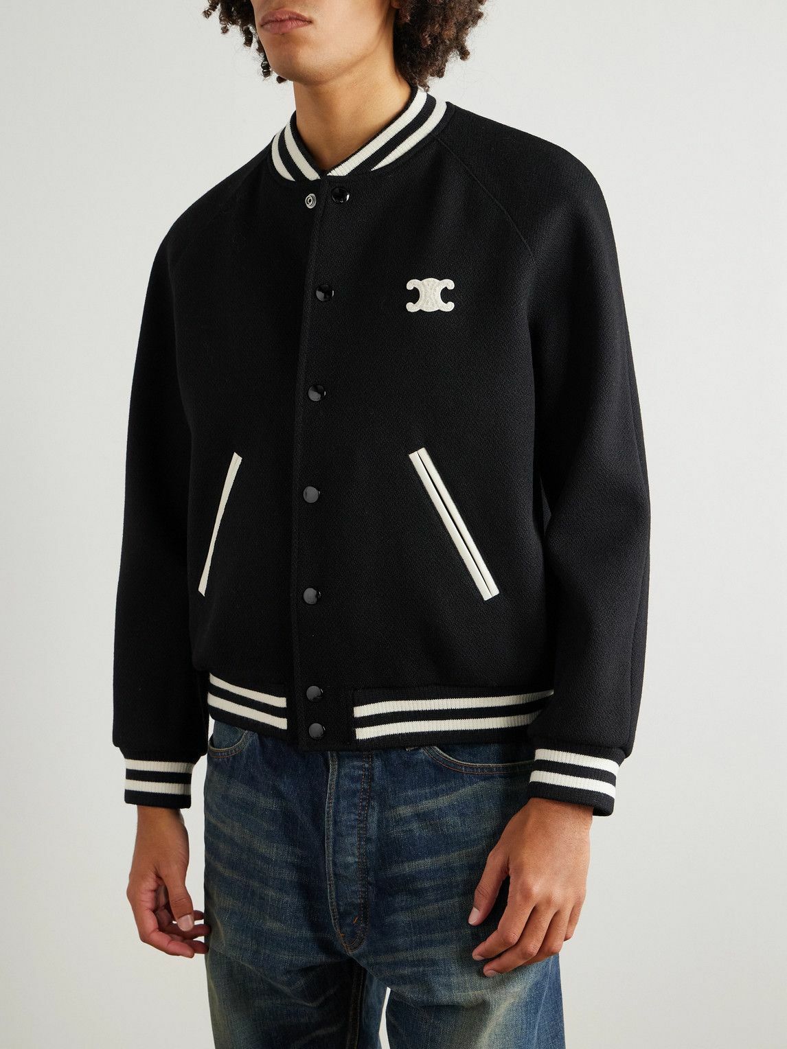 CELINE - Teddy Triomphe Leather-Trimmed Wool-Blend Varsity Jacket - Black