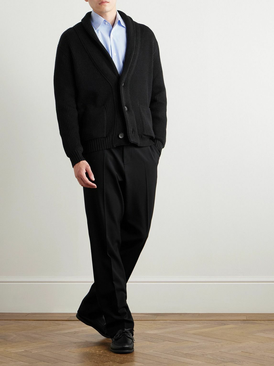 Thom Sweeney - Shawl-Collar Ribbed Merino Wool Cardigan - Black