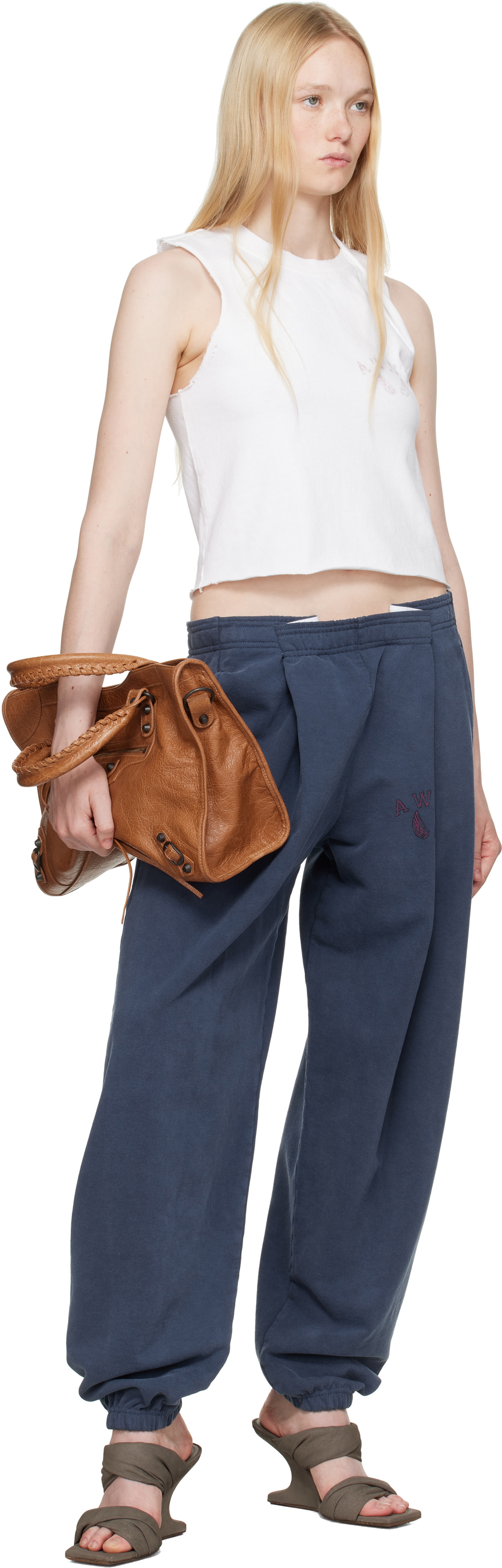 alexanderwang.t Navy Logo Waistband Pleated Sweatpants