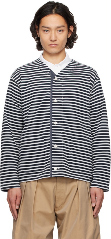 Photo: Engineered Garments White & Navy PC Stripe Jersey Knit Cardigan
