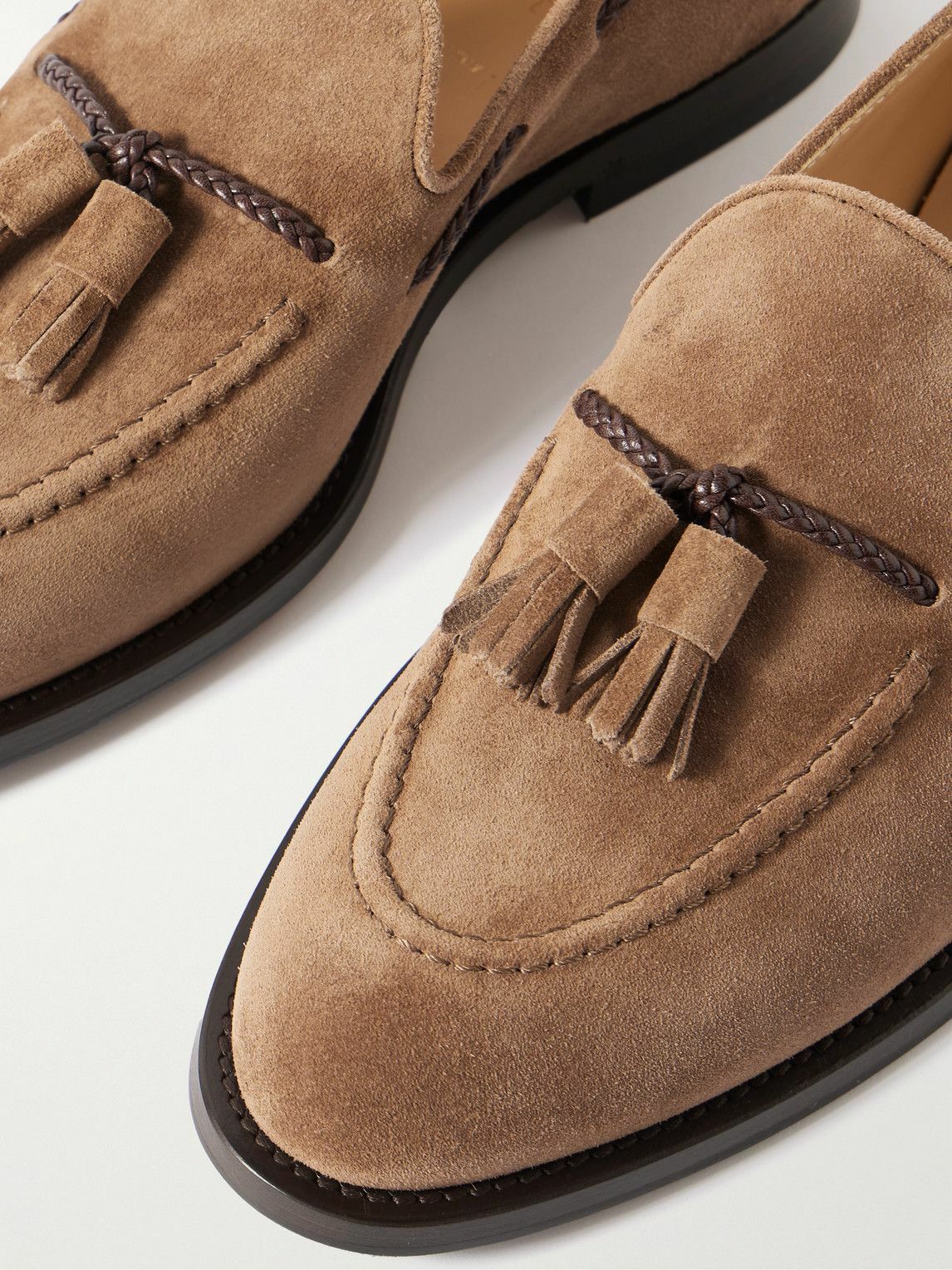 Brunello Cucinelli - Tasselled Braided Leather-Trimmed Suede Loafers - Brown