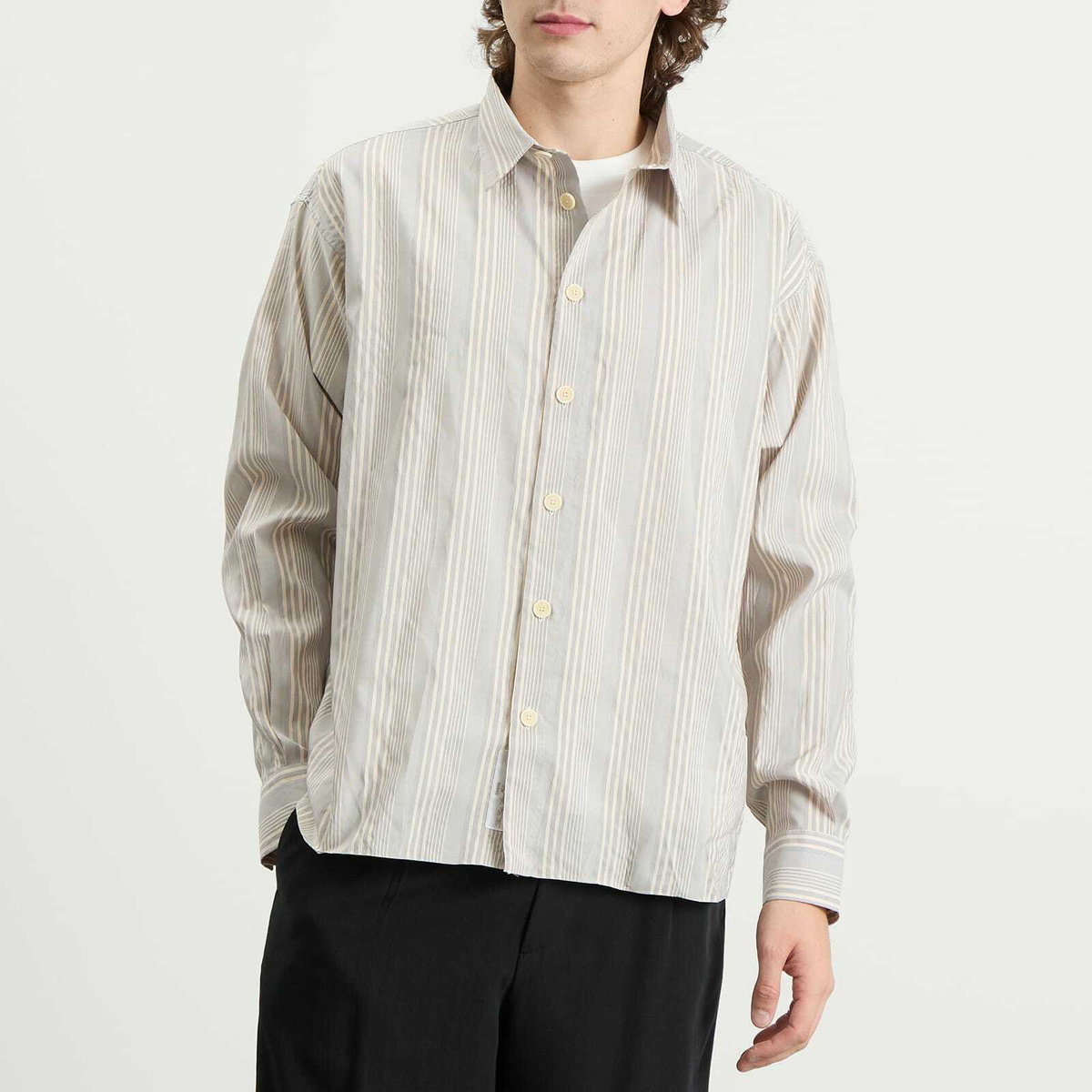 Ranra Men's Stripy Classic Shirt in Rigati Putty/Blue