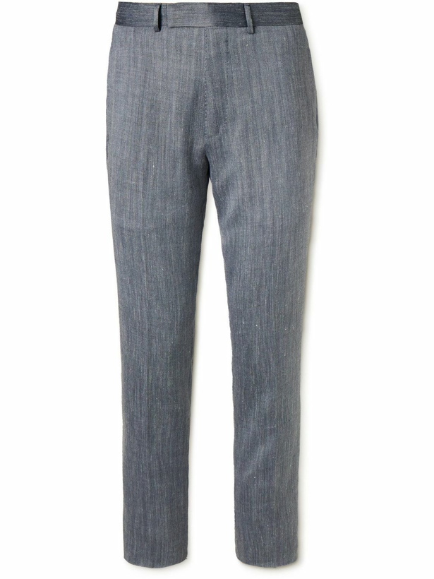 Photo: Dunhill - Straight-Leg Wool, Cashmere, Silk and Linen-Blend Herringbone Trousers - Gray