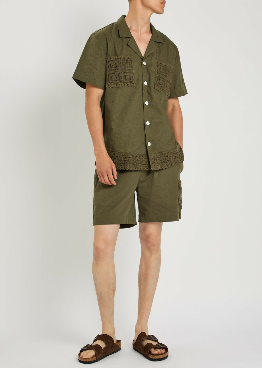Che Inigo Crochet-trim Cotton and Linen-blend Shirt Dark Green