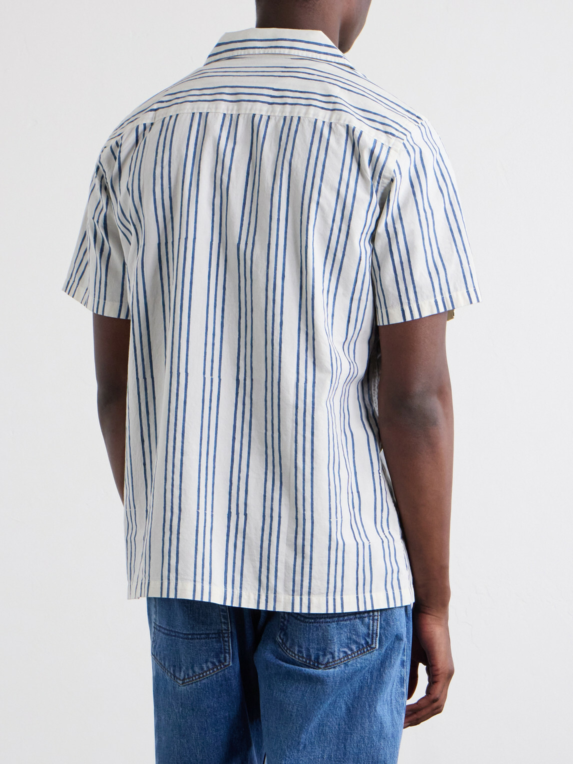 Drake's - Camp-Collar Striped Cotton-Poplin Shirt - Blue