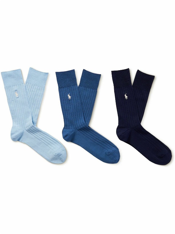 Photo: Polo Ralph Lauren - Three-Pack Logo-Embroidered Ribbed Cotton-Blend Socks - Blue