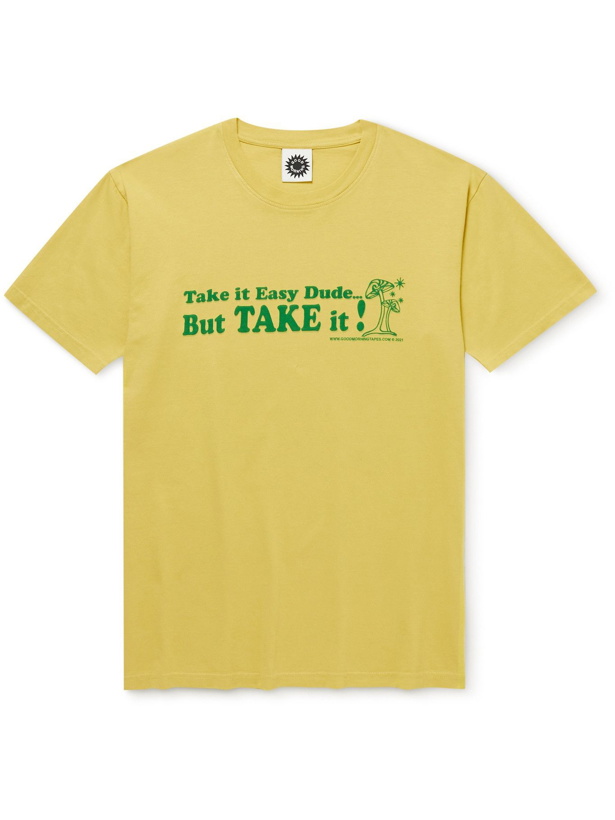Photo: GOOD MORNING TAPES - Take It Easy Logo-Print Organic Cotton-Jersey T-Shirt - Yellow